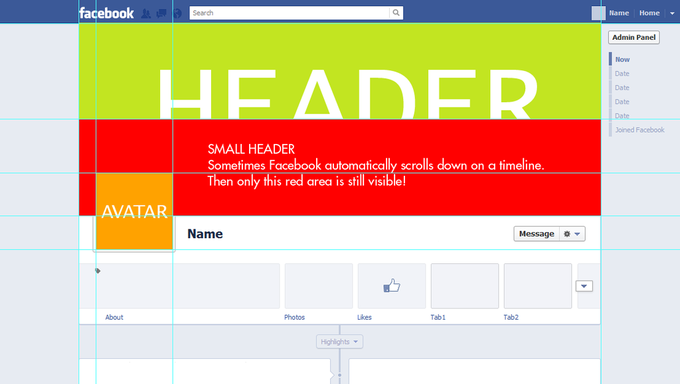 Screenshot Facebook timeline pages template for Photoshop with areas