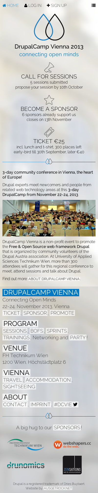 Drupalcamp Vienna 2013 - Connecting Open Minds - Screenshot Frontpage MOBILE
