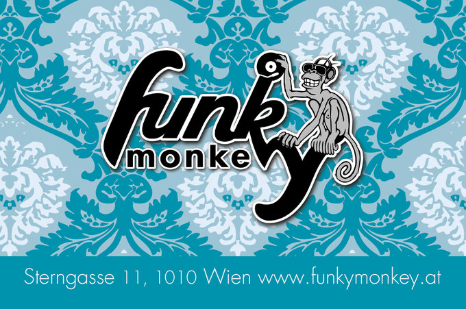 Visitenkarte Funky Monkey Geschäftsführung Voderseite Blau
