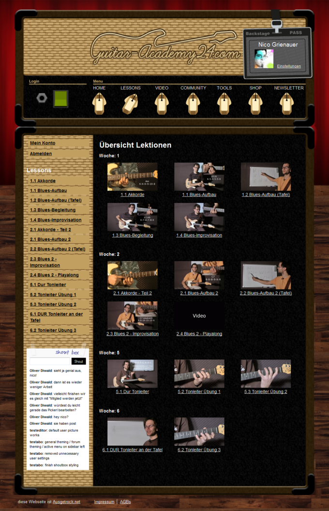Screenshot Guitar-Academy24 Website - Übersicht Lektionen