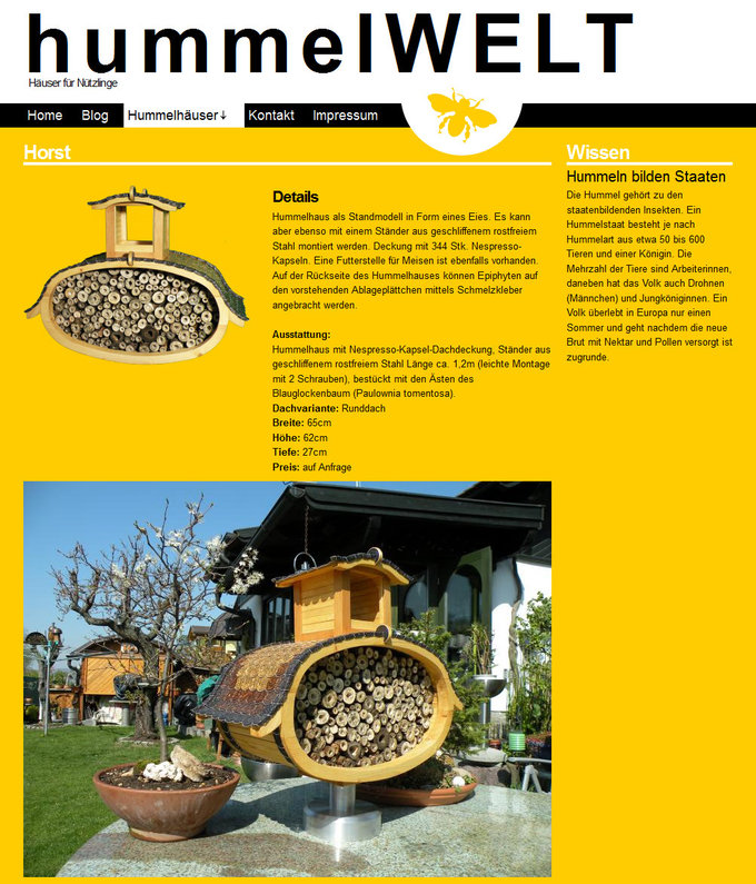 Screenshot Hummelwelt.com Webseite Detailseite eines Hummelhauses